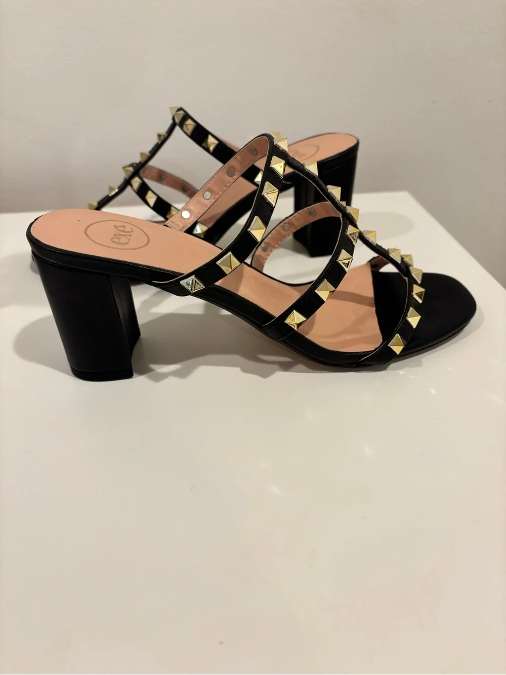 Exe Black Studded Triple-Strap Block Heel Mules 38/7.5